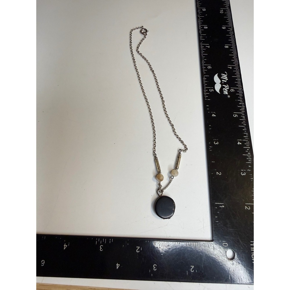 Vintage Silver Tone Necklace Black Disc Pendant Cream Bead Bar Accents 17 Inch